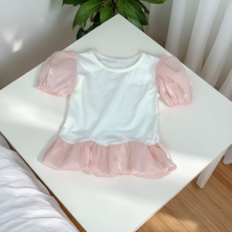 Wholesale Girls Cotton Bubble Sleeve Tee Solid Color Crew Neck Short Sleeve Top Summer Princess Style For Toddler Daily Wear