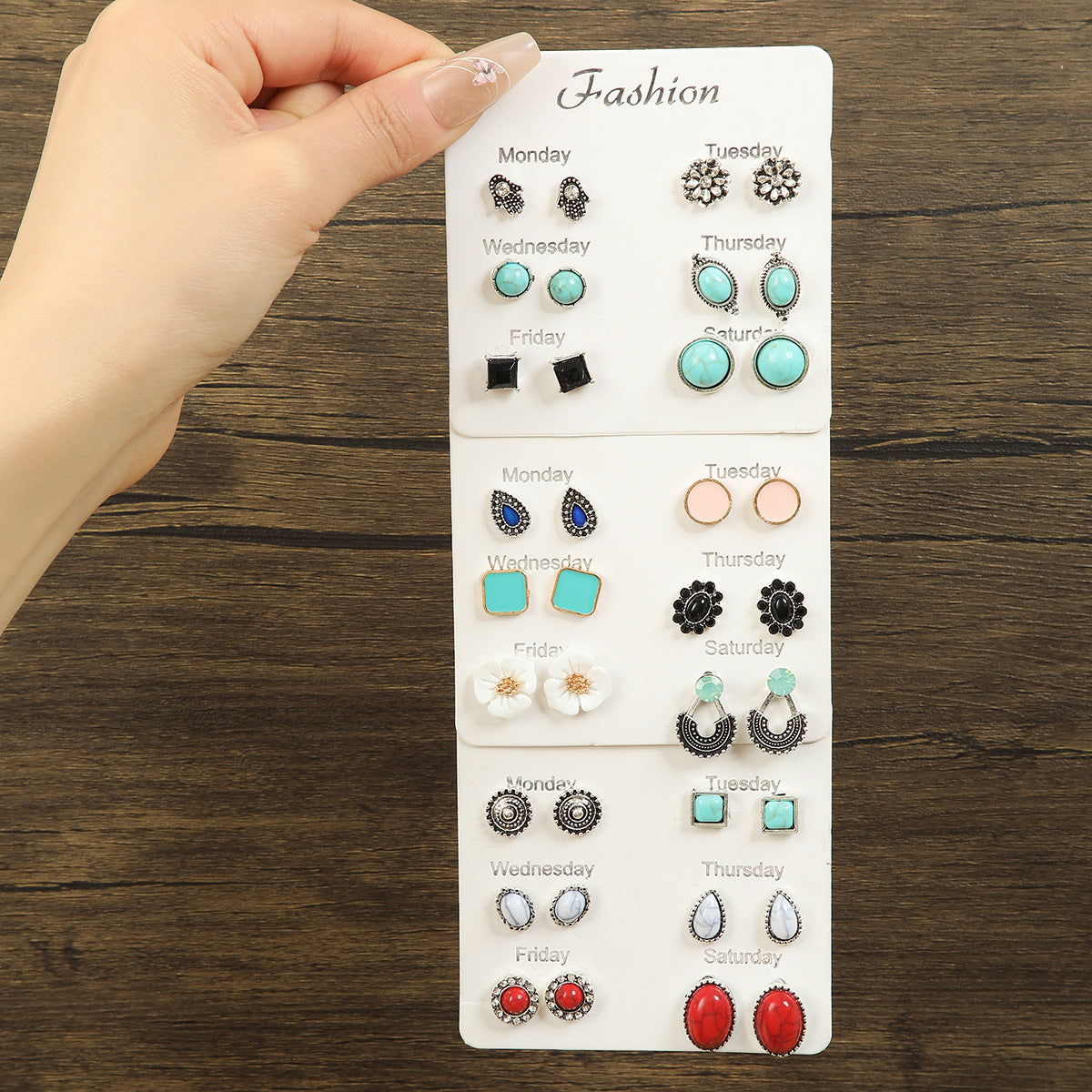 Wholesale 6 Pair Retro Turquoise Geometric Stud Earrings Ethnic Style Zinc Alloy Jewelry Set For Women