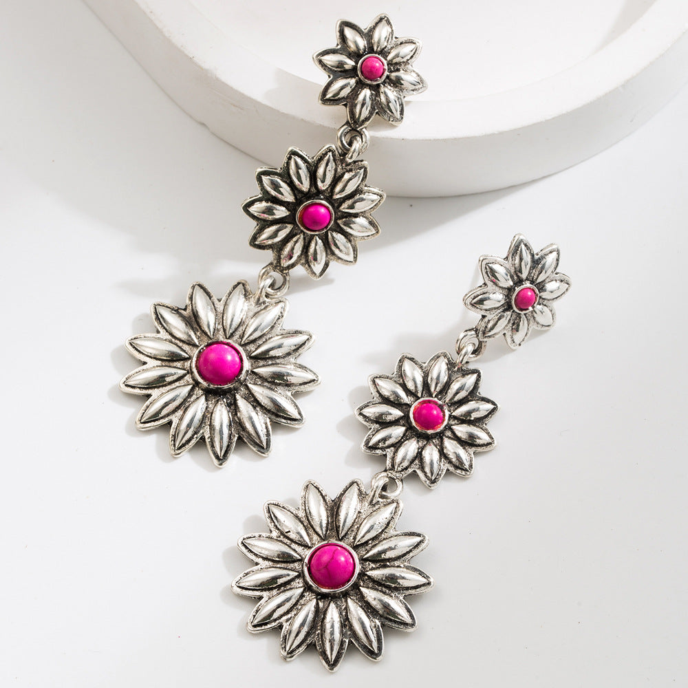 Wholesale Vintage Turquoise Flower Tassel Earrings