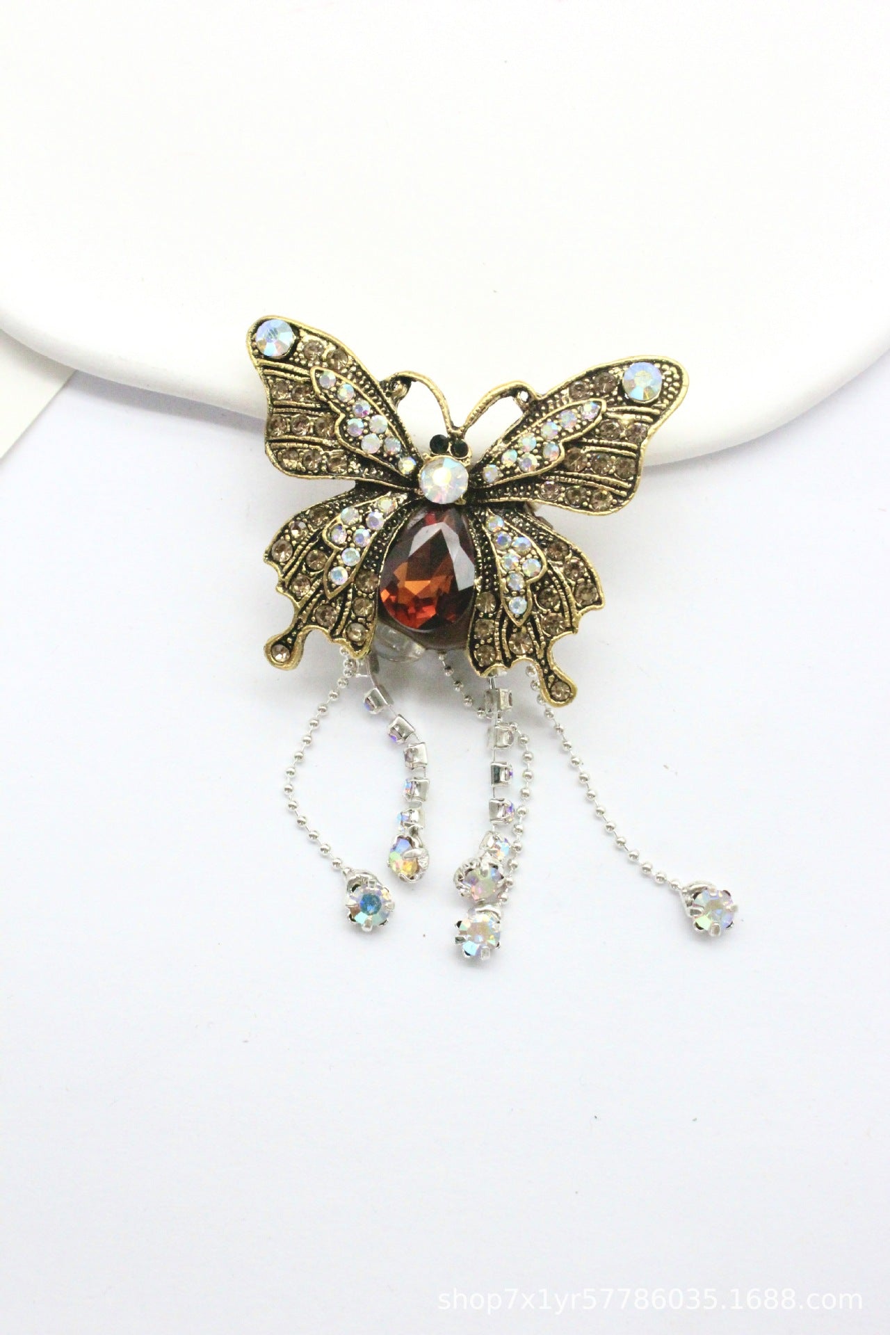 Wholesale Full Diamond Vintage Gold Rhinestone Tassel Butterfly Brooch