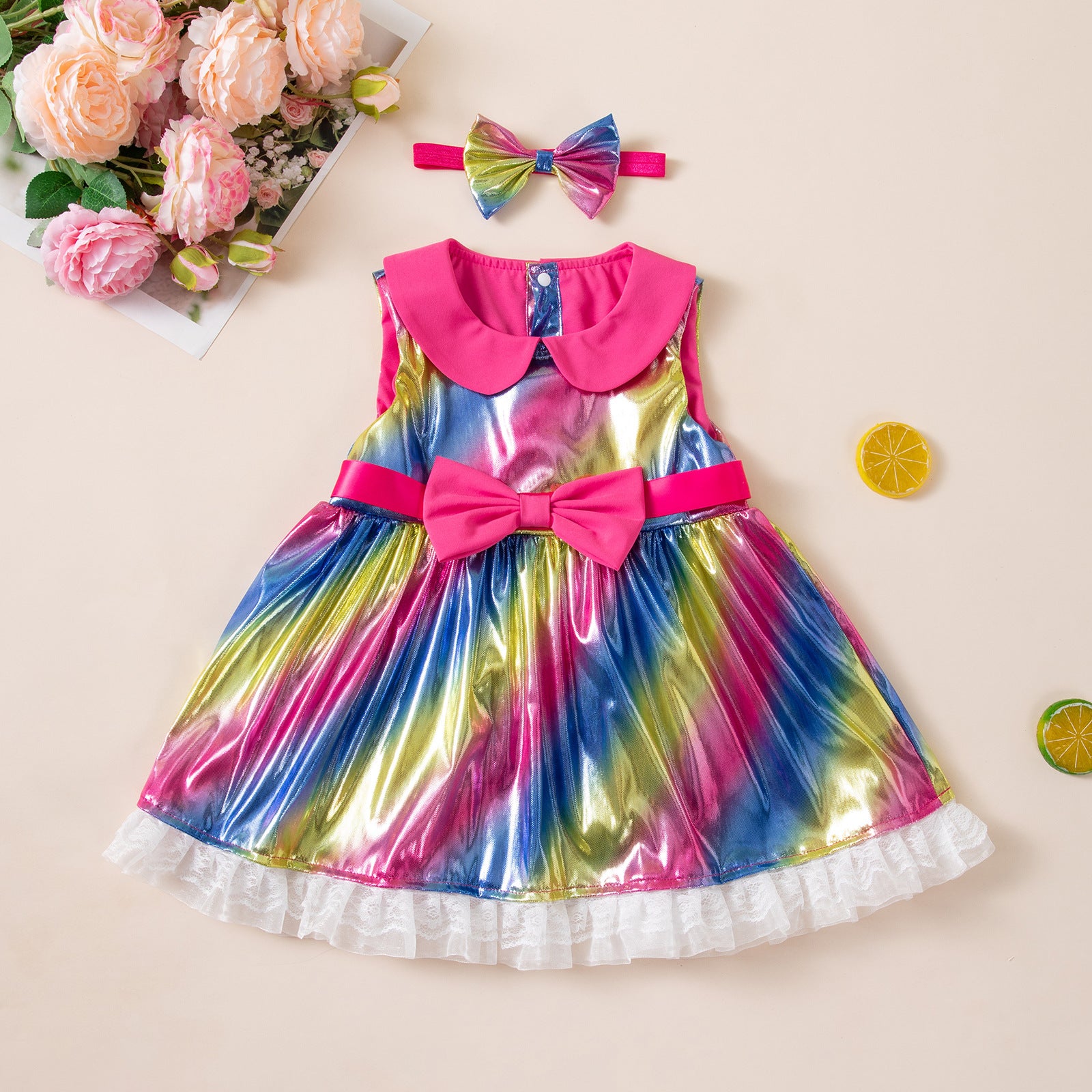 Wholesale Summer Trendy Girls Rainbow Princess Dress Sleeveless Doll Collar Sequin Bow Waist Party Photo Polyester