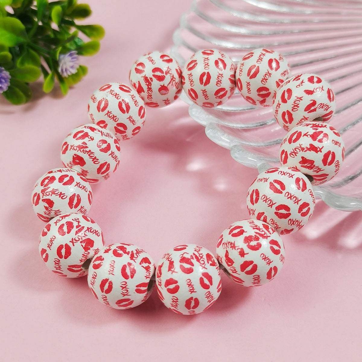 Wholesale Valentine's Day series sweet fresh cute love heart print handmade beaded wooden beads bracelet women's accessories