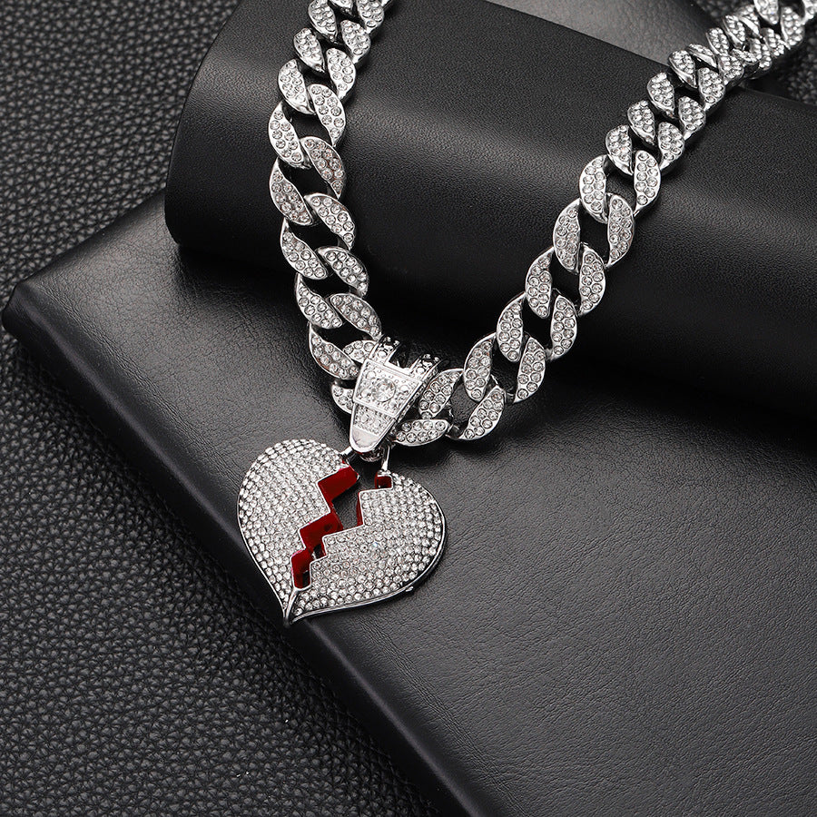 Wholesale Full Diamond Broken Heart Pendant Hip Hop Alloy Necklace