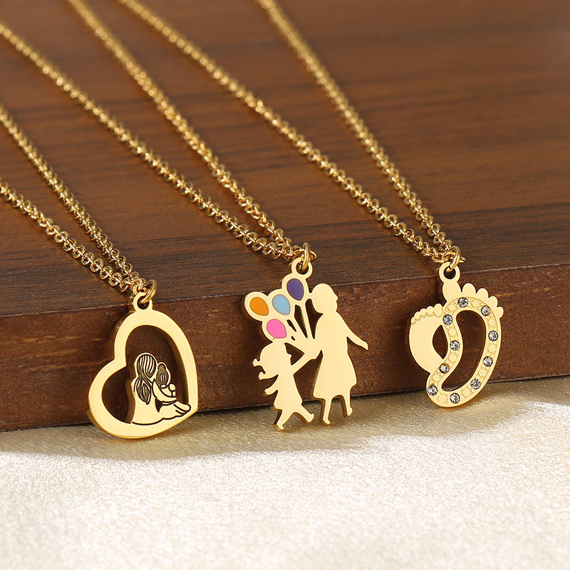 Wholesale Mother' s Day Diamond studded Hollow Moon Love Stainless Steel Necklace
