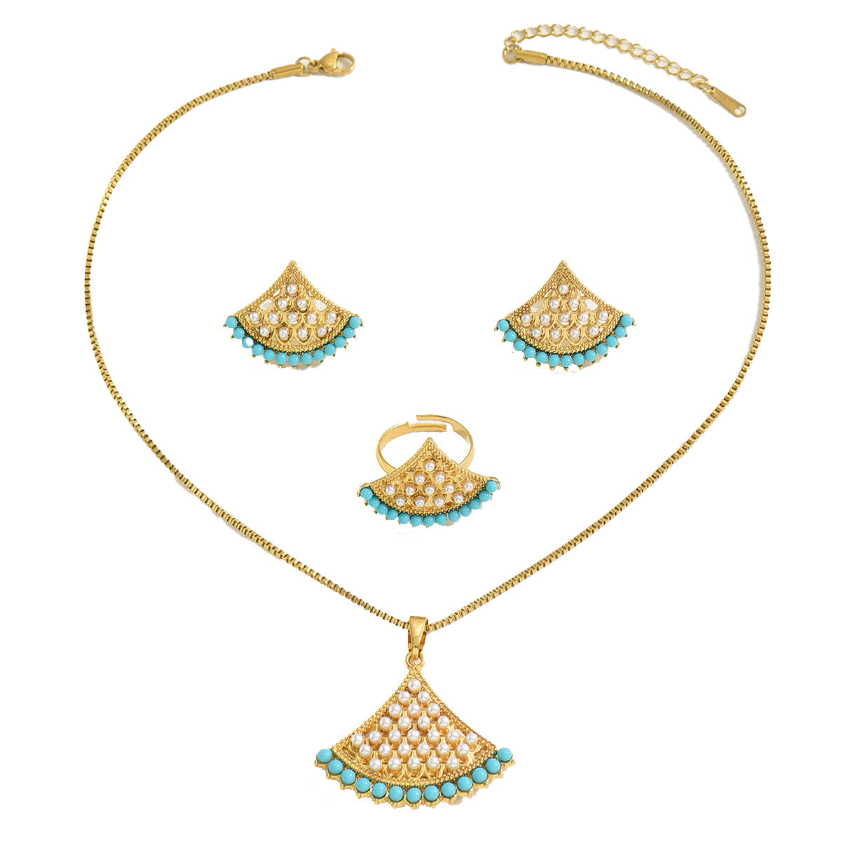 Wholesale Fashion Fan-Shaped All-Match Pearl Inlay Ring Earring Necklace Set
