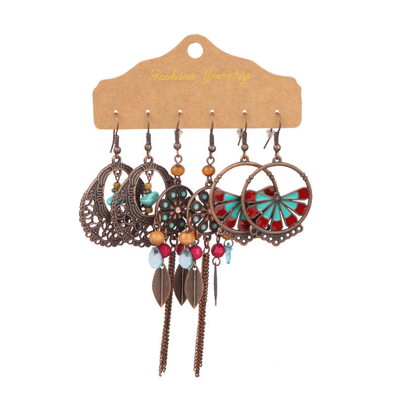 Wholesale Vintage Distressed Geometric Tassel Flower Earrings Set