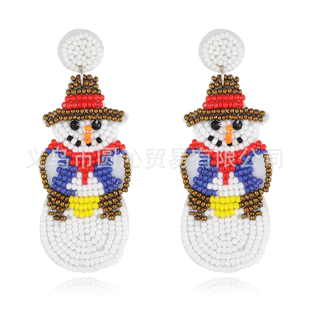 Wholesale Christmas Fabric Felt Christmas Tree Elk Snowman Handmade Rice Bead Earrings