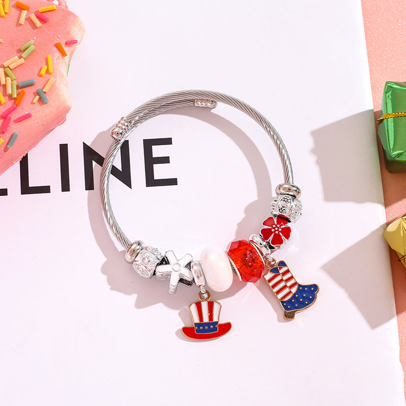 Wholesale American Flag Love Balloon Pendant Stainless Steel Beaded Bracelet