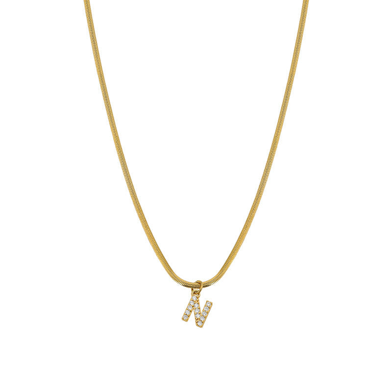 Wholesale French Retro Palace Style Flat Snake Bone Stacking Diamond 26 Letter Titanium Steel Clavicle Chain Necklace