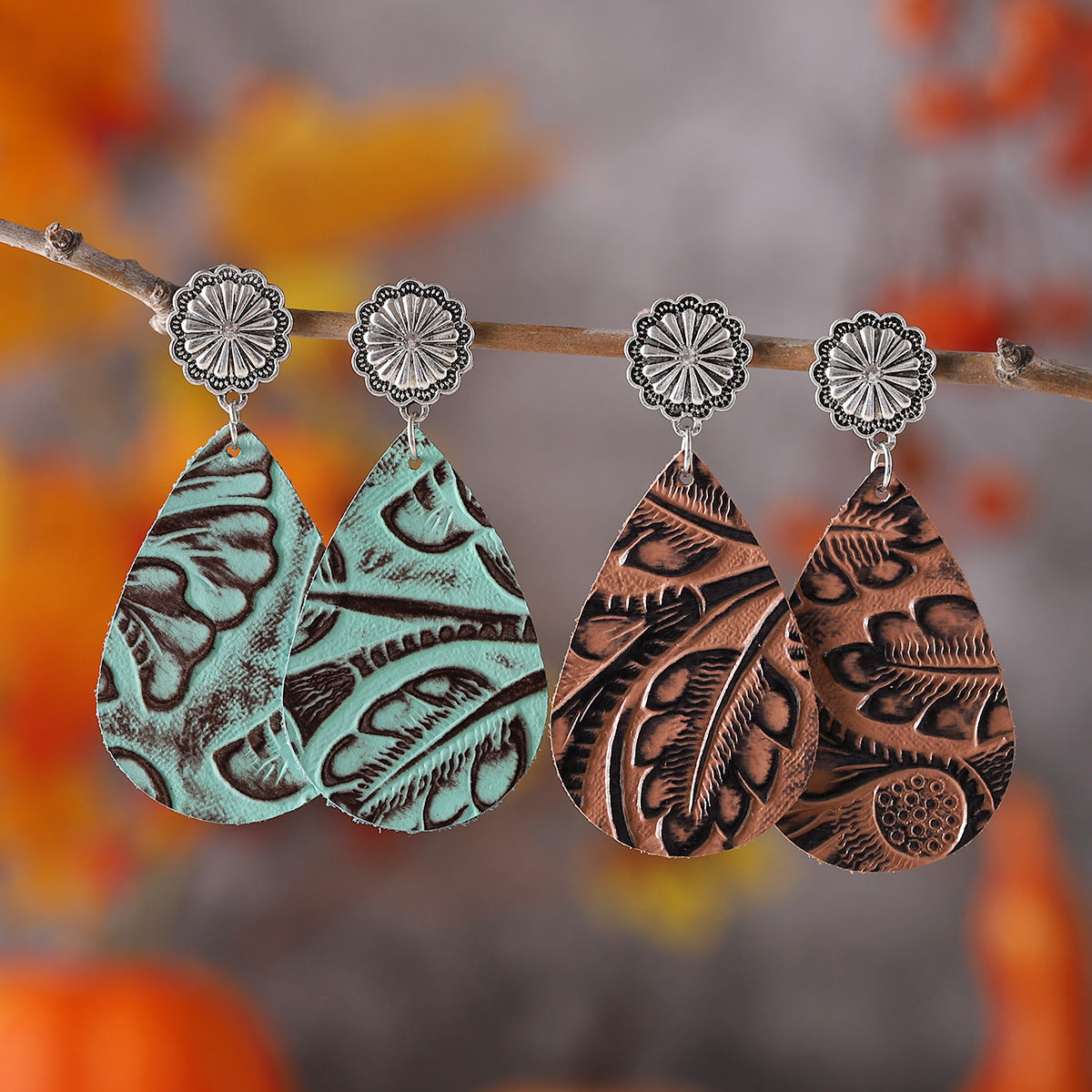 Wholesale Western Bohemian Embossed Leather Earrings