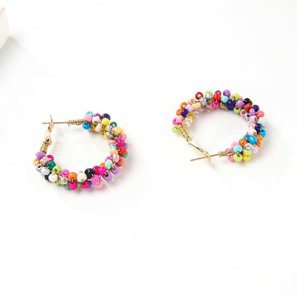 Wholesale Bohemian Colorful Circle Hand Braided Rice Bead Earrings