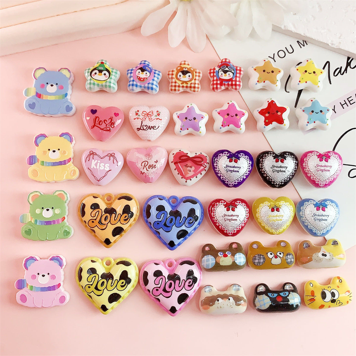 Wholesale 10pcs double-sided printed panda head heart-shaped pentagram acrylic beads