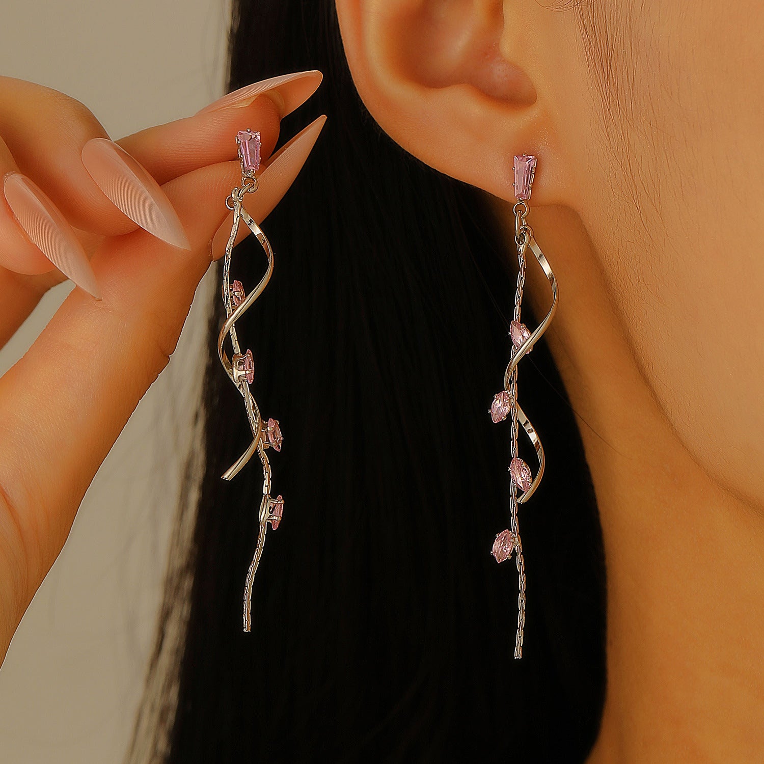 Wholesale French Style Geometric Twisted Zircon Long Tassel Earrings For Women Party Jewelry Accessory