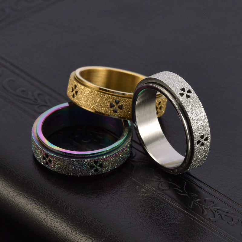 Wholesale Frosted Hollow Four Leaf Clover Rotatable Stainless Steel Ring