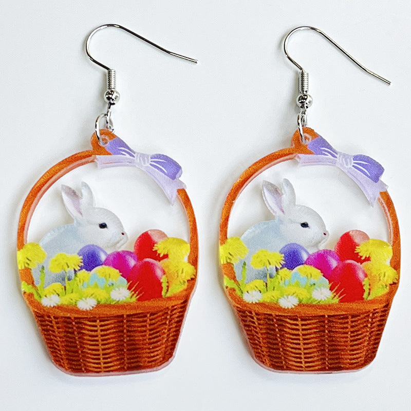 Wholesale Rabbit Flower Basket Cute Printed Easter Egg Chicken Spring Flower Earrings