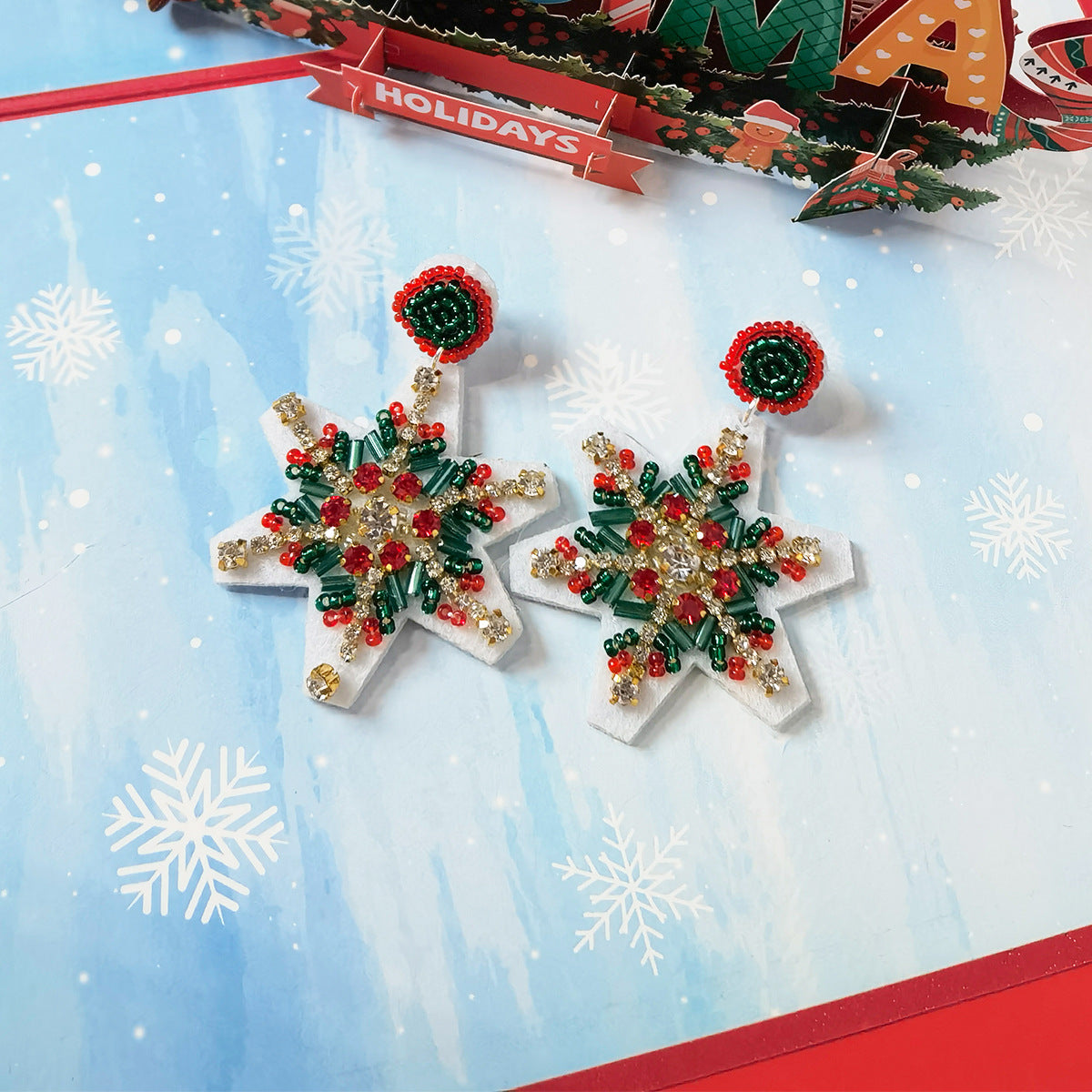 Wholesale Christmas Snowflake Fabric Inlaid Glass Diamond Handmade Rice Bead Earrings