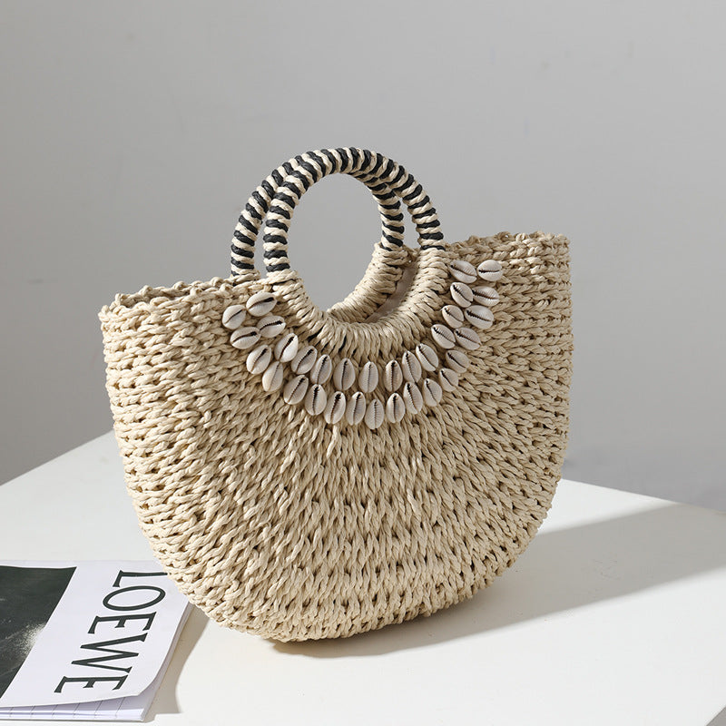 Wholesale Handmade Straw Woven Bags in The Shape of Semi-circular Shells