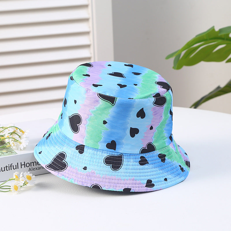 Hearting Heart Printing Tie Dye Color Block Polyester Sun Bucket Sombrero de cubo de Sunshade