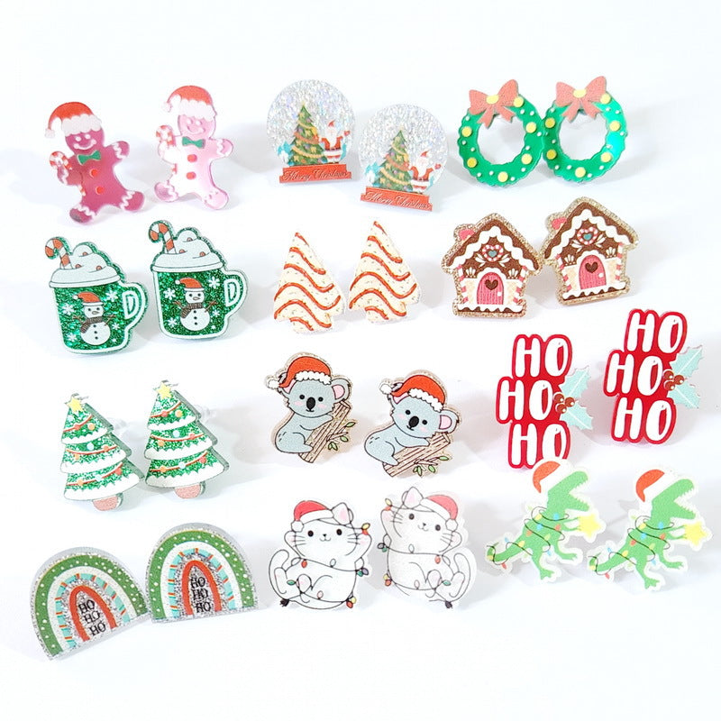 Wholesale Acrylic Christmas Earrings Pink Mirror Gingerbread Man Fun Animal Shapes Festive Party Jewelry Accessory Boutique Resale Gift