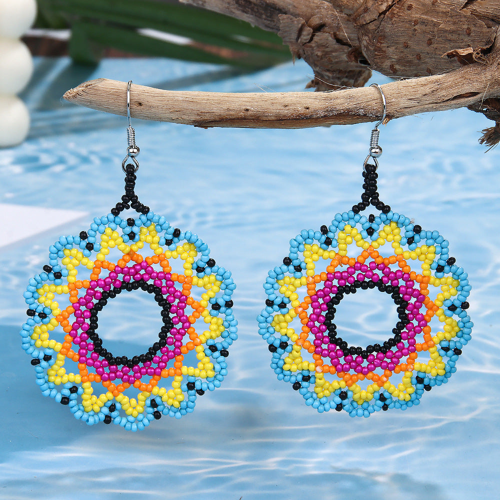 Wholesale Bohemian Exaggerated Flowers Hand-woven Round Earrings