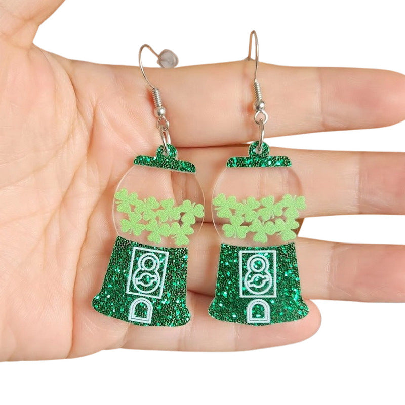 Wholesale St.  Patrick' s Day Green Clover Hat Boots Gold Coin Acrylic Earrings