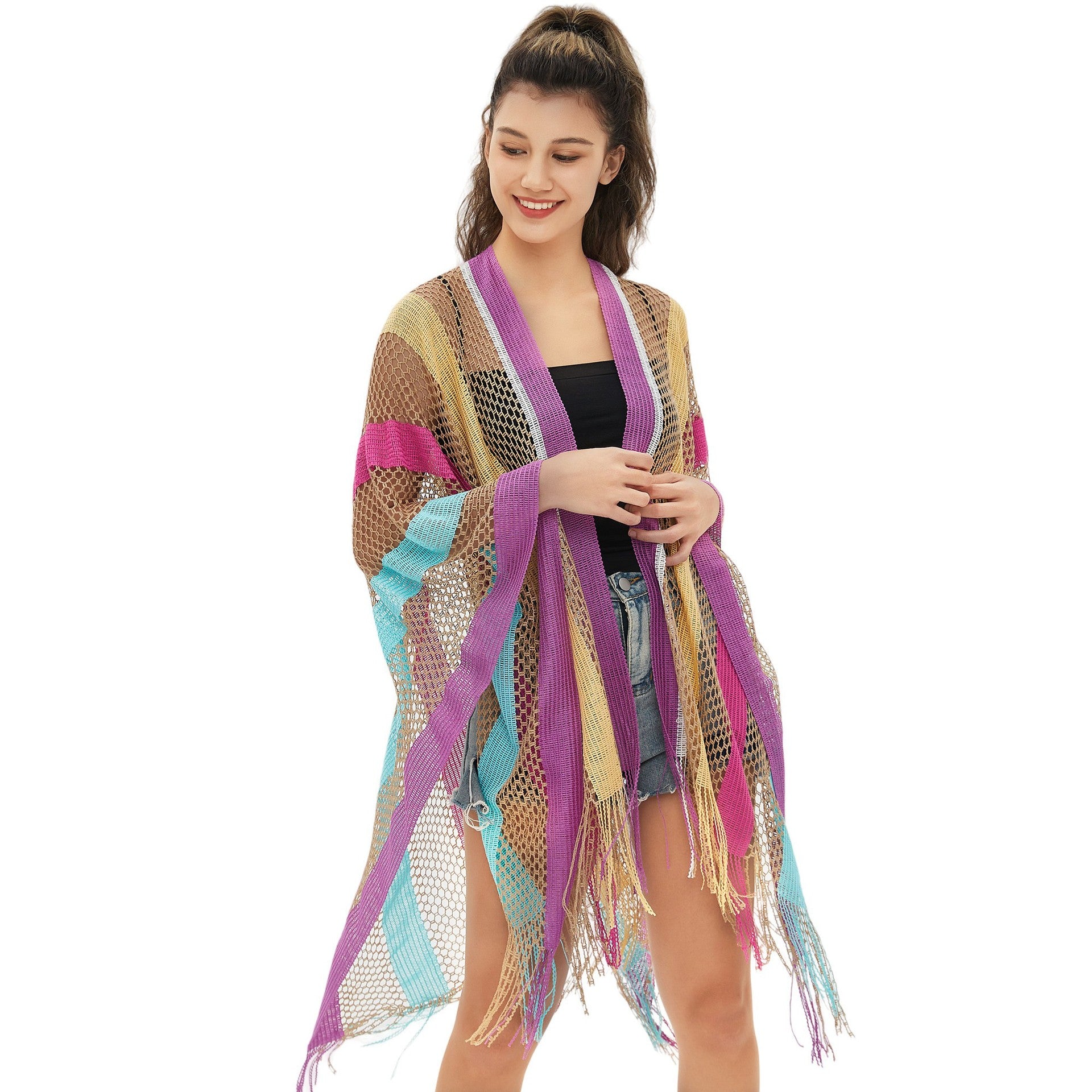 Wholesale Ladies Travel Ethnic Wind Rainbow Stripes Summer Sunscreen Thin Hollow Shawl
