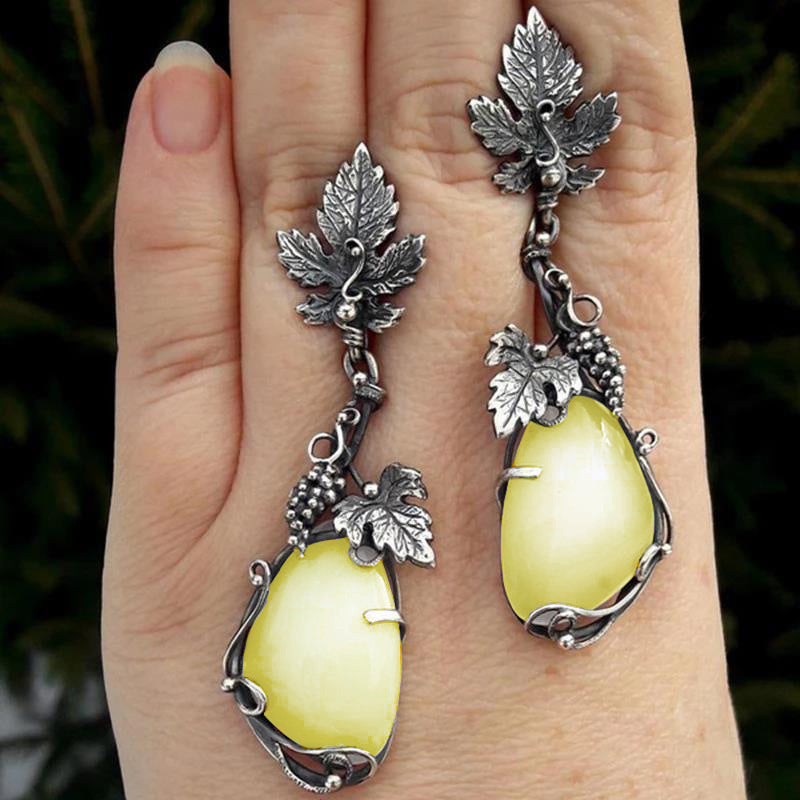 Wholesale Metal Grapevine Leaf Inlaid Drop Shaped Opal Alloy Earrings