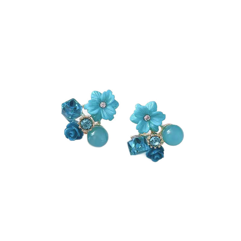 Wholesale Diamond studded cat eye stone crystal flower earrings