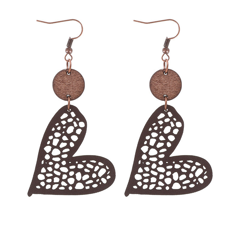 Wholesale Valentine's Day Love Wood Chip Hollow Mesh Leather Earrings