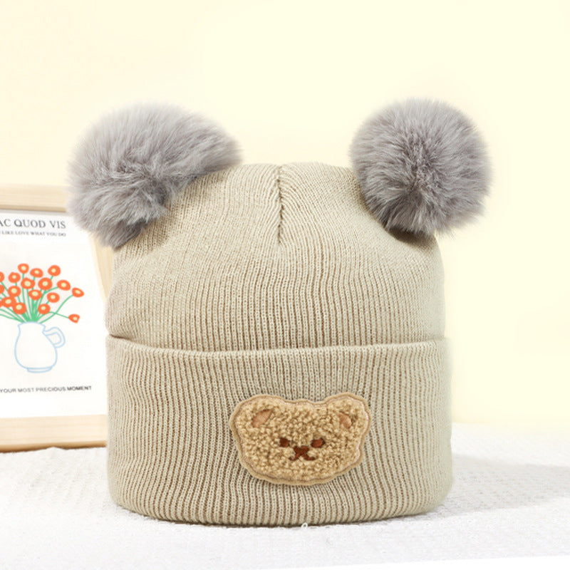 Wholesale Children's Fur Ball Knitted Hat Bear Embroidered Warm Woolen Hat