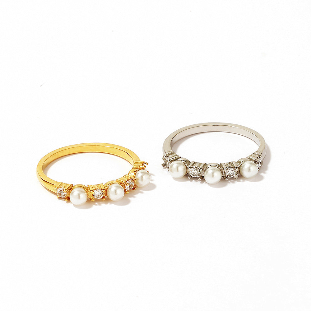 Wholesale Stainless Steel Luxury Gold-Plated Diamond Pearls Not Fade Ring