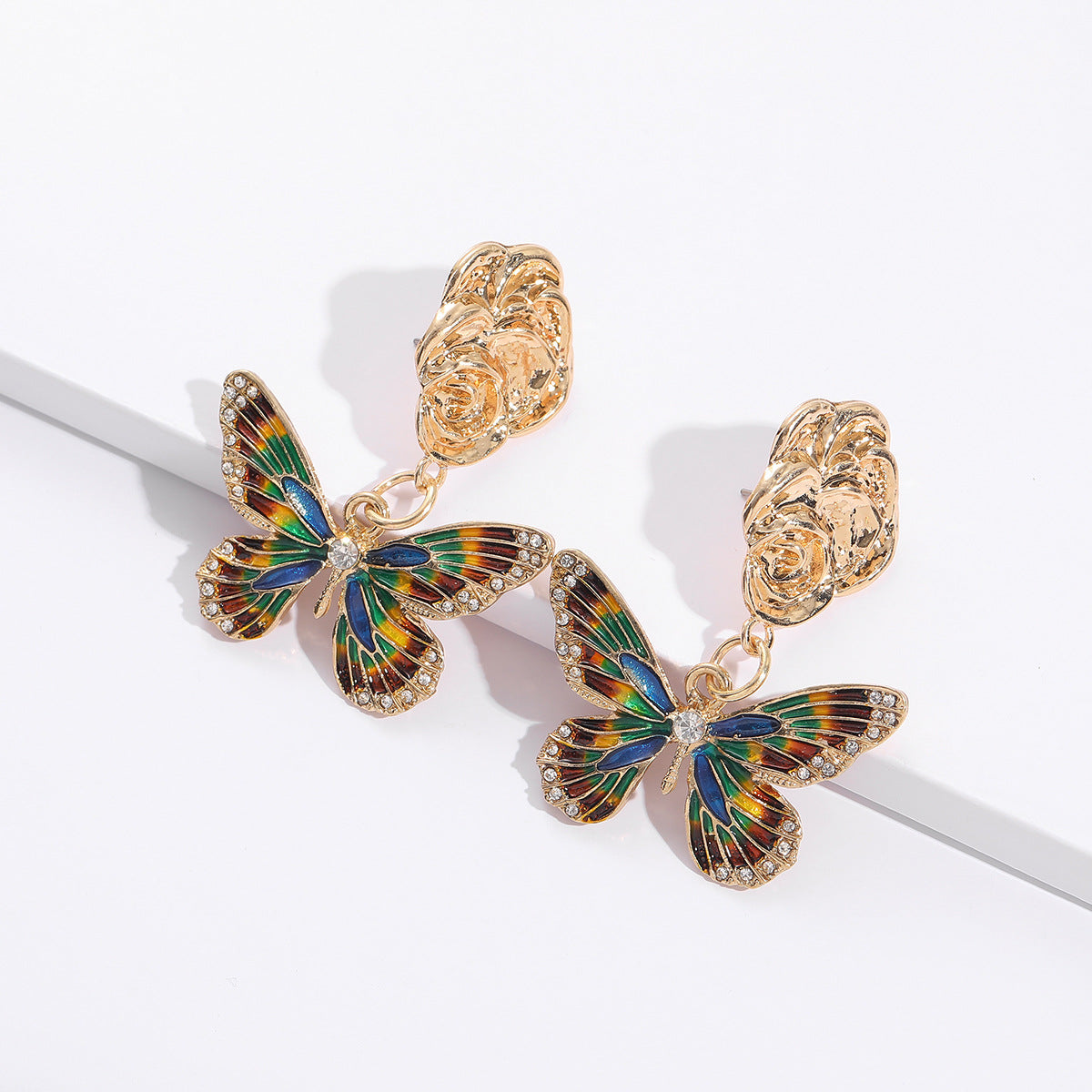 Wholesale Alloy Oil Drop Diamond Color Matching Butterfly Earrings