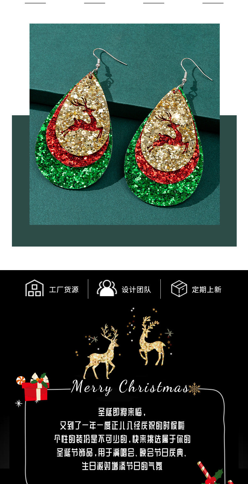 Wholesale Christmas Water Drop Sequins Sparkling Pink Hollow Elk Leather Earrings