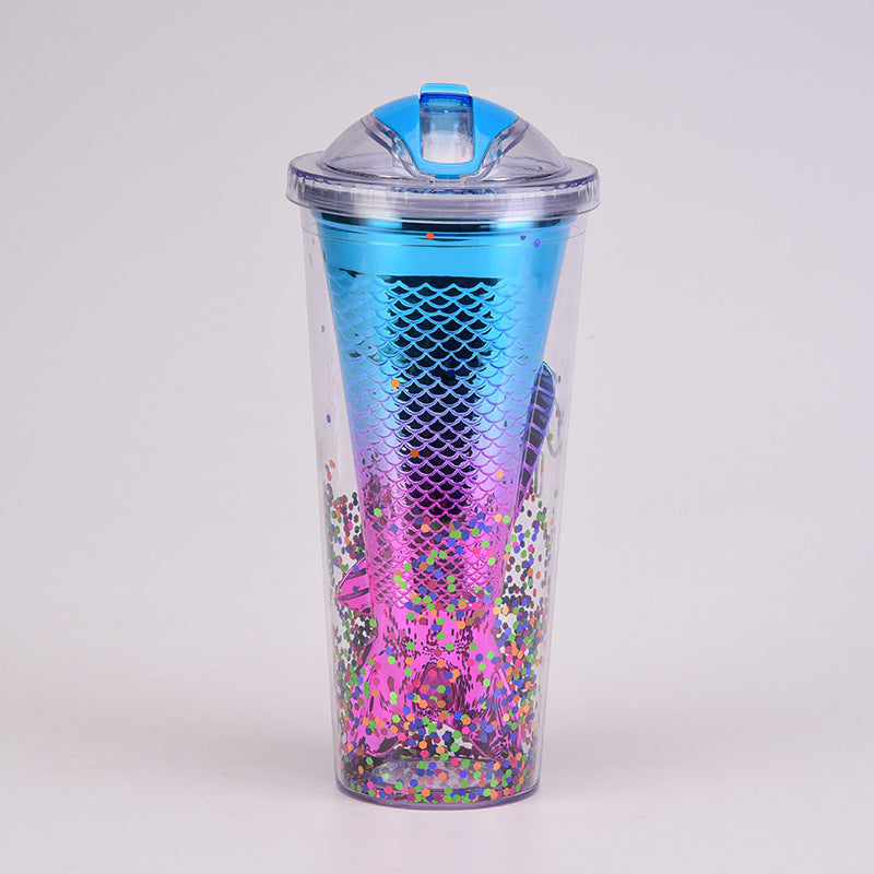 Wholesale Double-layer Plastic Cup Creative Gradient Mermaid Tail Colorful Sequin Straw Water Cup