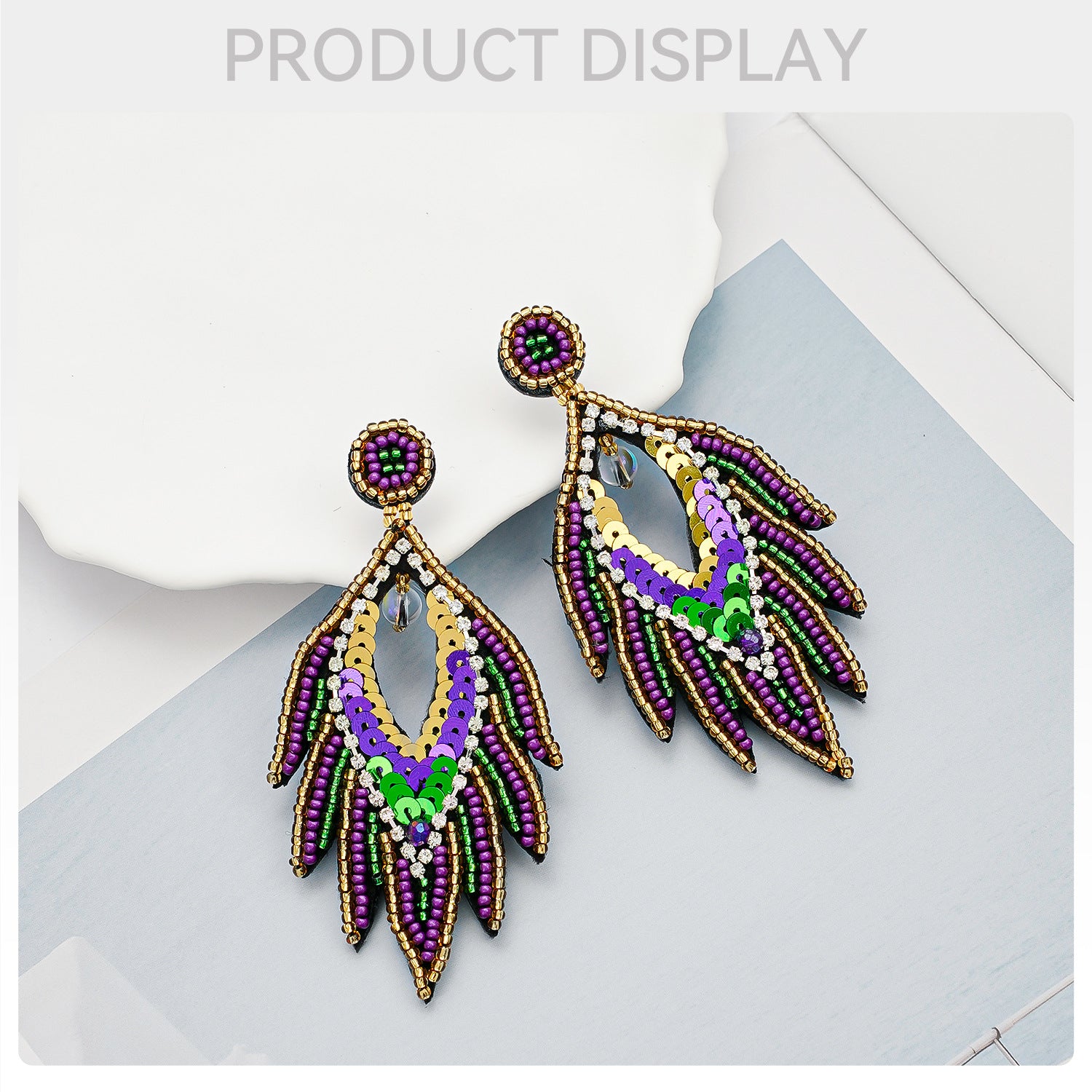 Wholesale Carnival Festival High-end Handmade Rice Beads Feather Exaggerated Earrings for Women