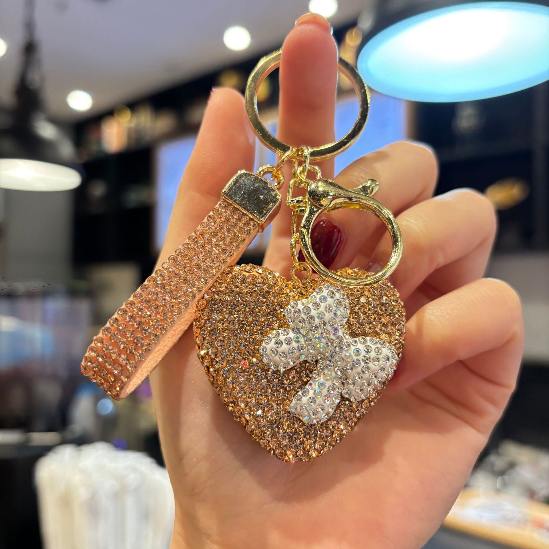 Wholesale Full rhinestone heart-studded bow keychain