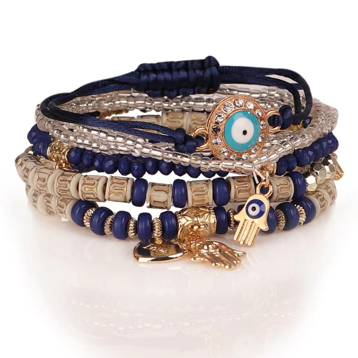 Wholesale Bohemian Devil' s Eye Palm Love Multi layer Elastic Rope Bracelet
