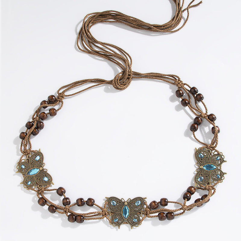 Wholesale Bohemian Butterfly Rhinestone Braided Handmade Wooden Bead Belt