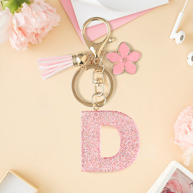 Wholesale Pink 26 letter Sparkling Pink Flower Tassel Keychain