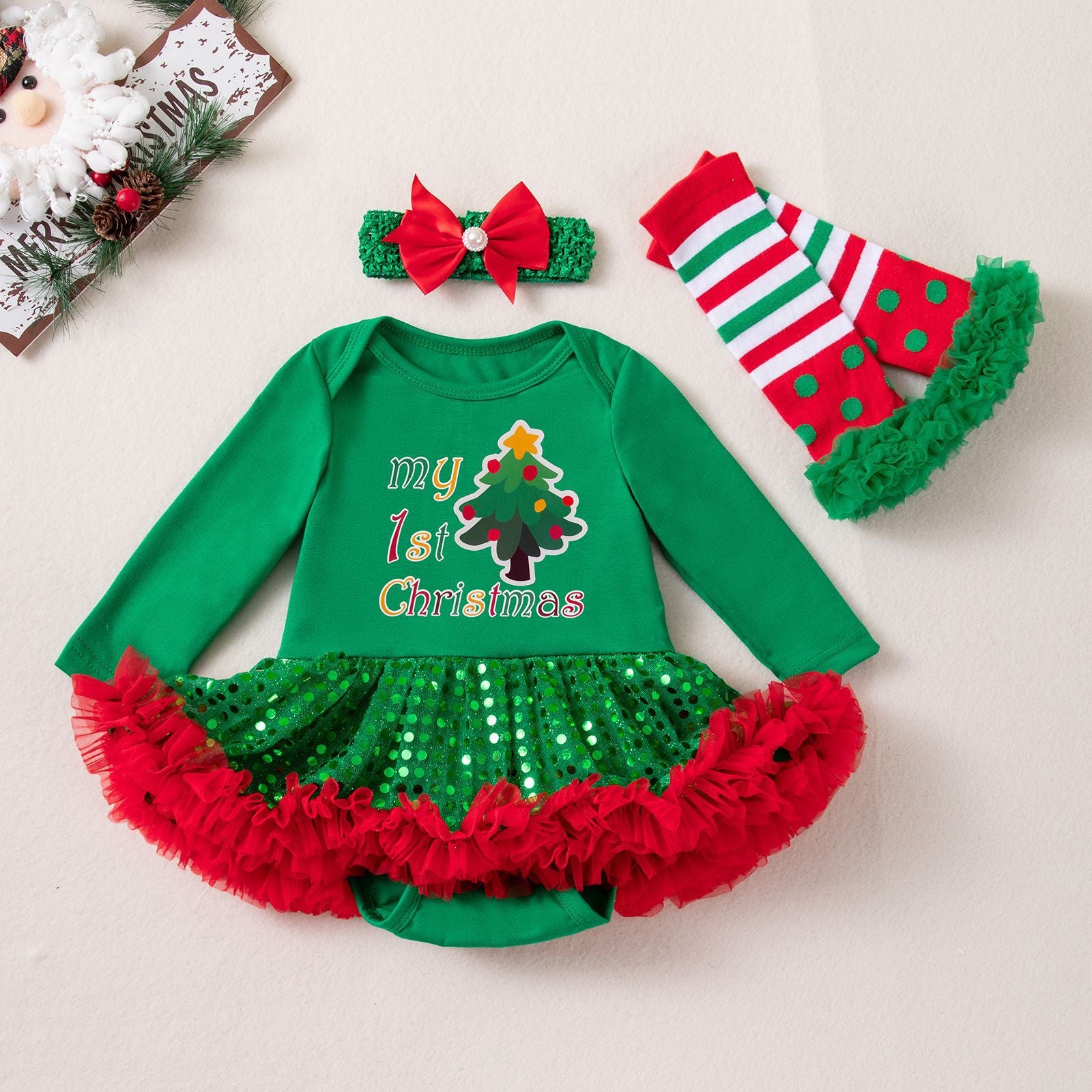 Wholesale Red Long Sleeve Sequin Tulle Baby Girl Christmas Dress Set With Hairband Leg Warmers Boutique Holiday Outfit