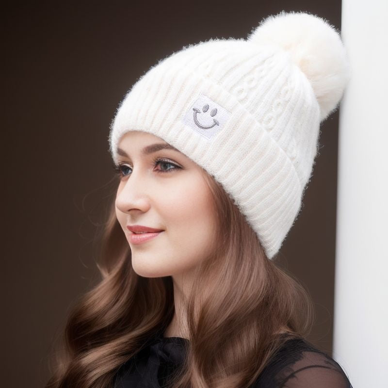 Wholesale Autumn/Winter Cute Versatile Plush Thickened Wool Ball Knitted Warm Ear Protector Hairline Hat