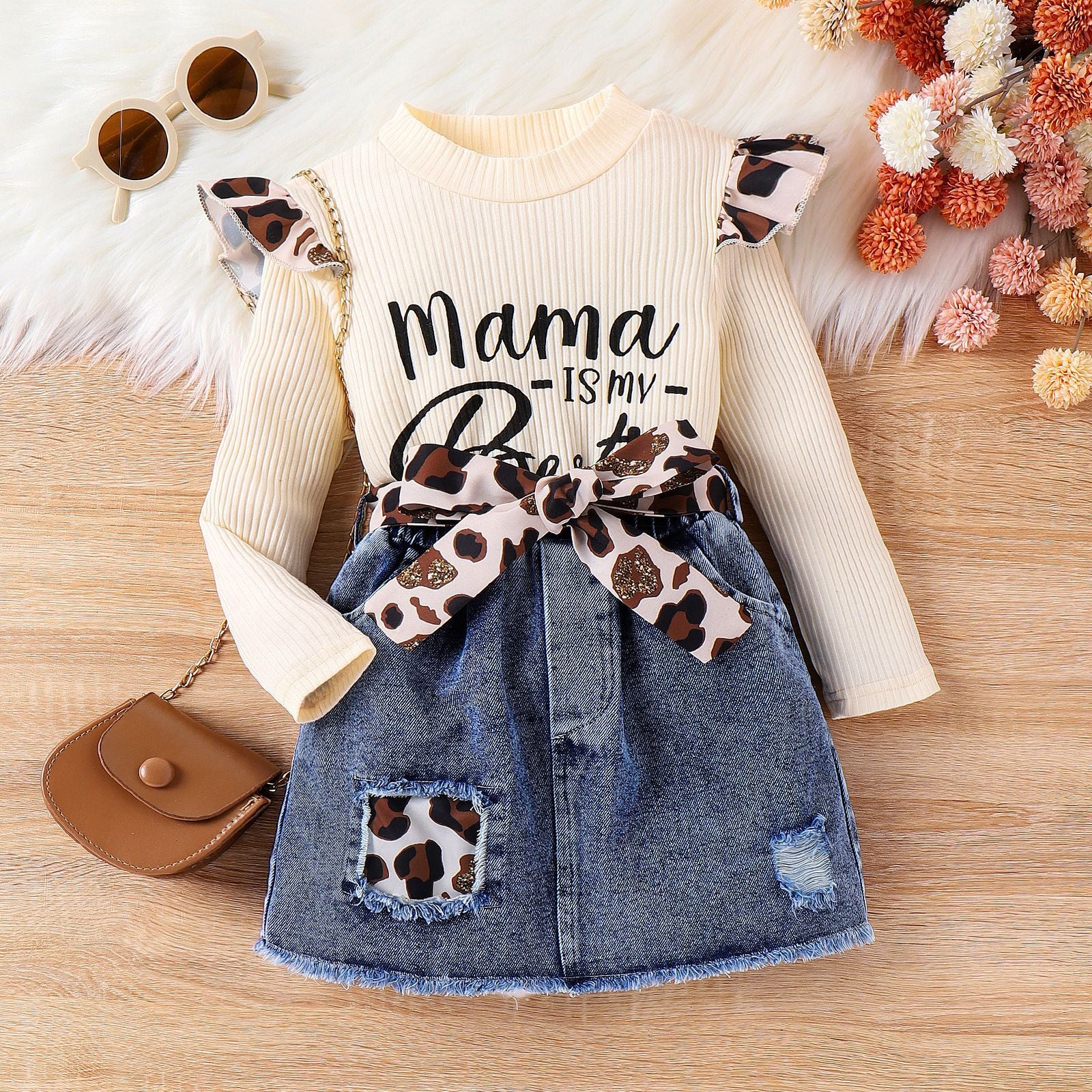 Wholesale Autumn and Winter Top Patchwork Leopard Print Fly Sleeves Denim Ripped Hole Baby Clothes