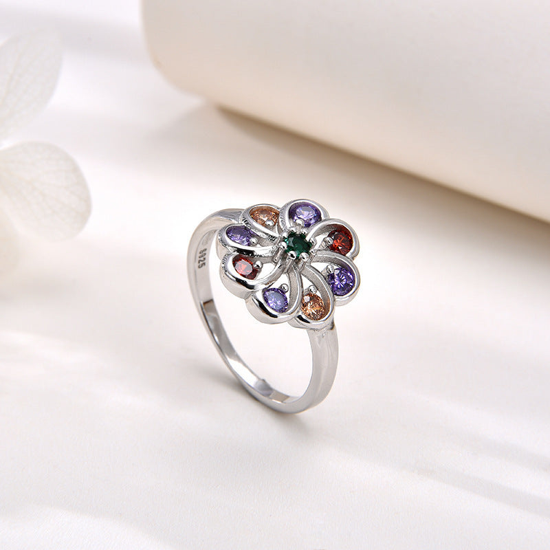 Wholesale Rainbow Micro Inlaid Diamond Flower Ring for Women,  White Copper