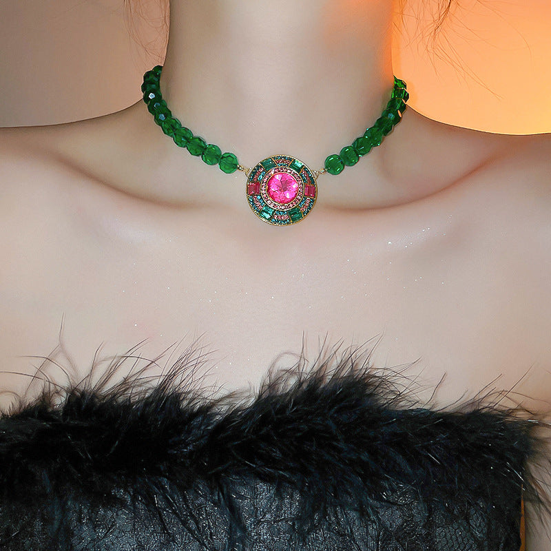 Wholesale Heavy Vintage Diamond Emerald Round Earrings Necklace Set