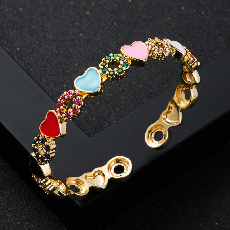 Wholesale  copper inlaid zircon enamel drop oil love heart bracelet Tennis bracelet Open bracelet
