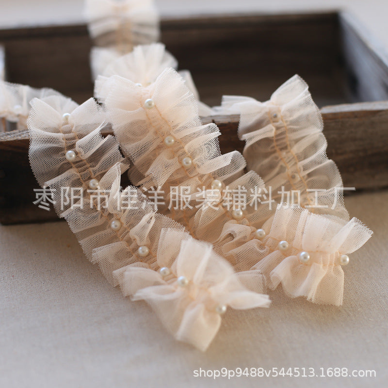Wholesale 5pcs 5CM double-layer mesh lace pleated pearl decoration