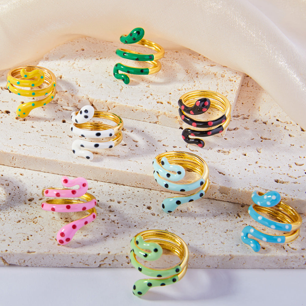 Wholesale Bohemian style color oil drop snake copper ring ins sweet cool hot girl open finger ring color retention in stock supply