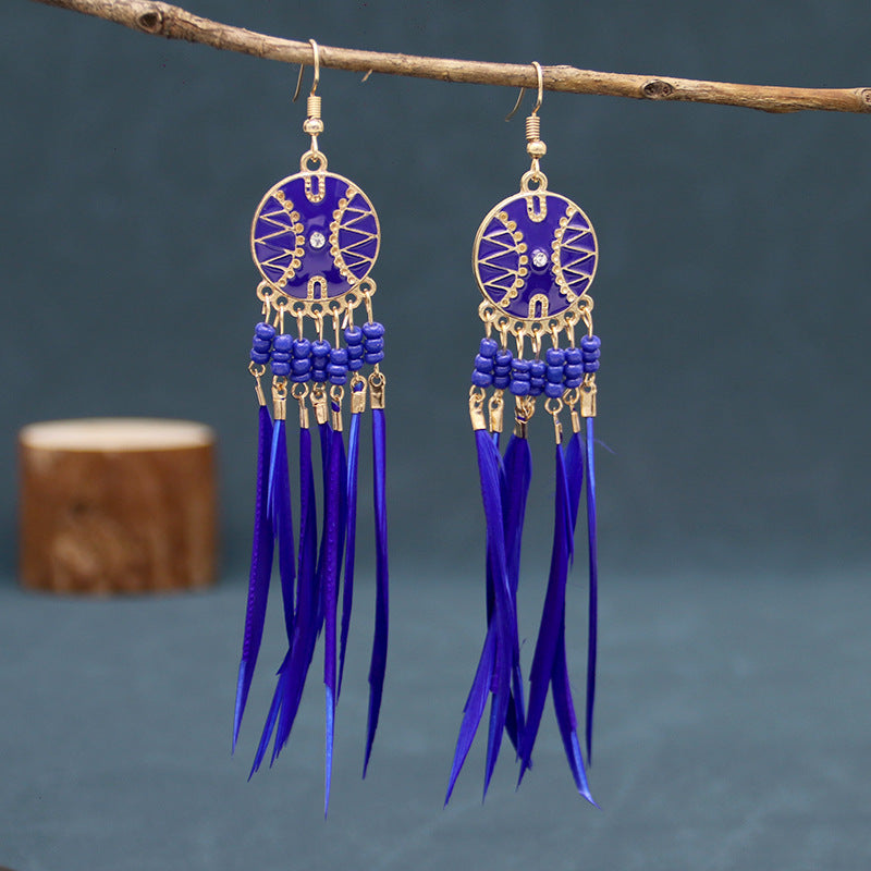 Wholesale Tassel Thin Feather Long Ethnic Style Earrings