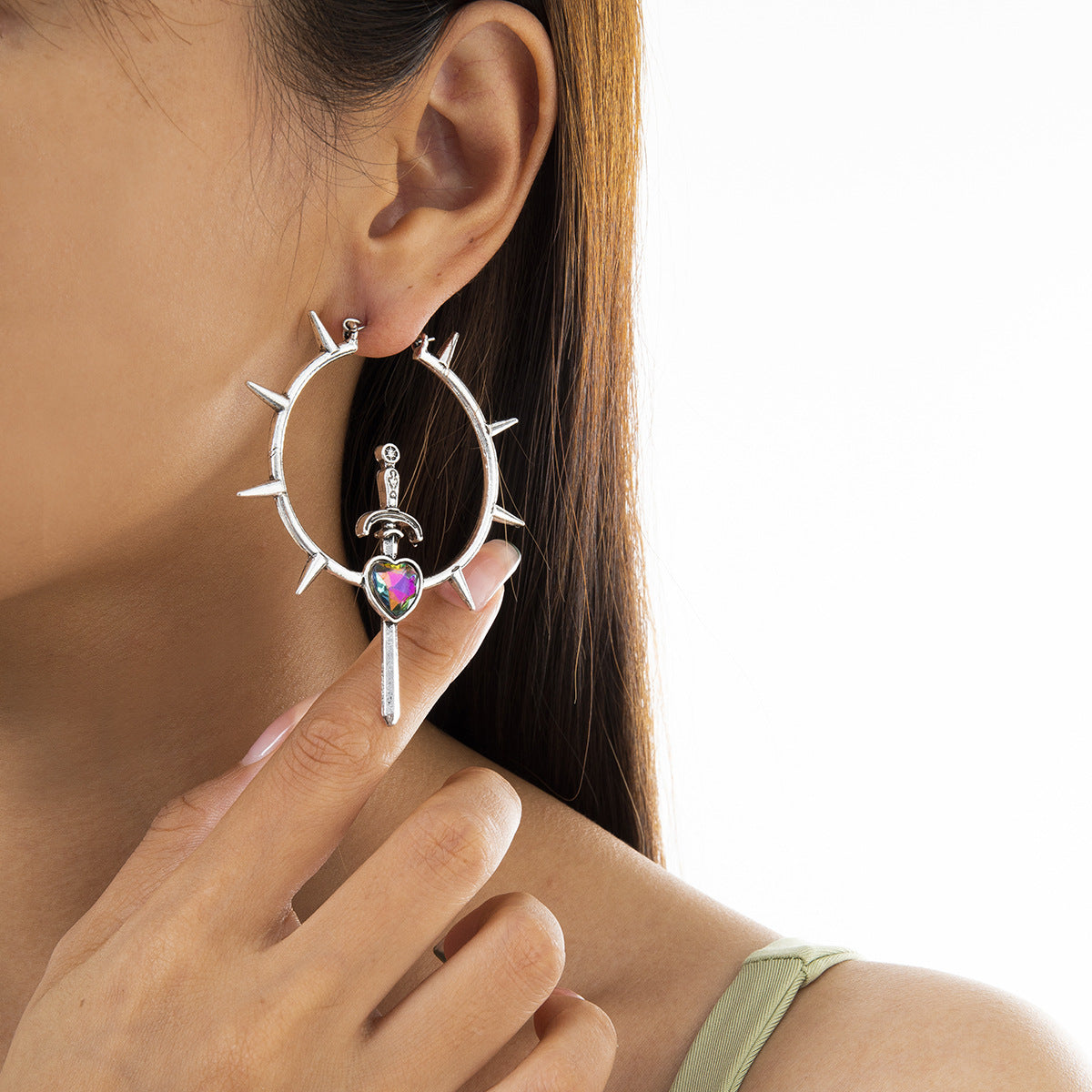 Wholesale Laser Heart Shape Simple Imitation Gemstone Alloy Glass Earrings