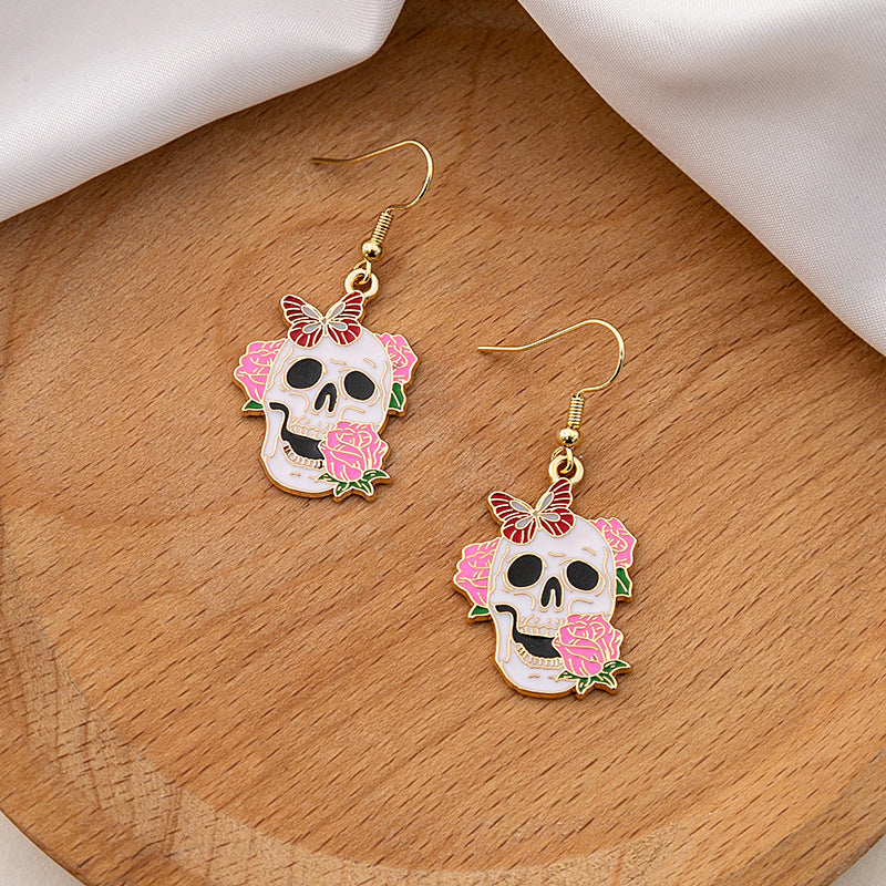 Wholesale Halloween Rose Flower Skull Cartoon Mushroom Butterfly Alloy Earrings